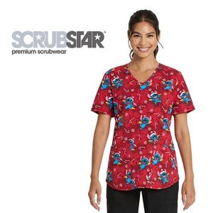 NEW Scrubstar Disney Women's Holiday Candy Cane Stitch V Neck Scrub Top